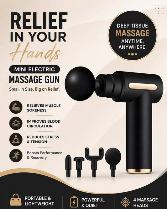Mini Electric Deep Tissue Massage Gun – Portable Muscle Recovery Massager with 4 Massage Heads