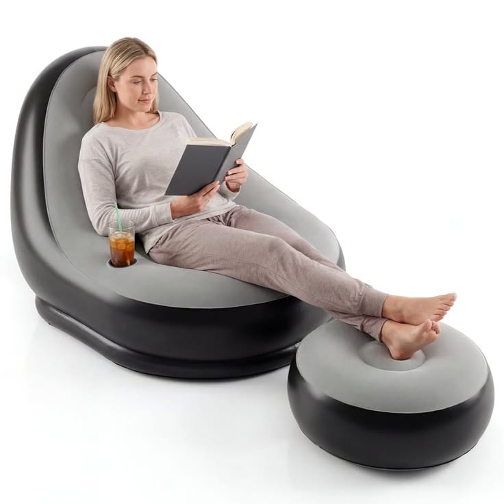 Inflatable Air Lounge Chair with footrest – Portable Flocked Air Sofa
