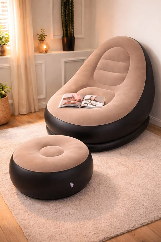 Inflatable Air Lounge Chair with footrest – Portable Flocked Air Sofa